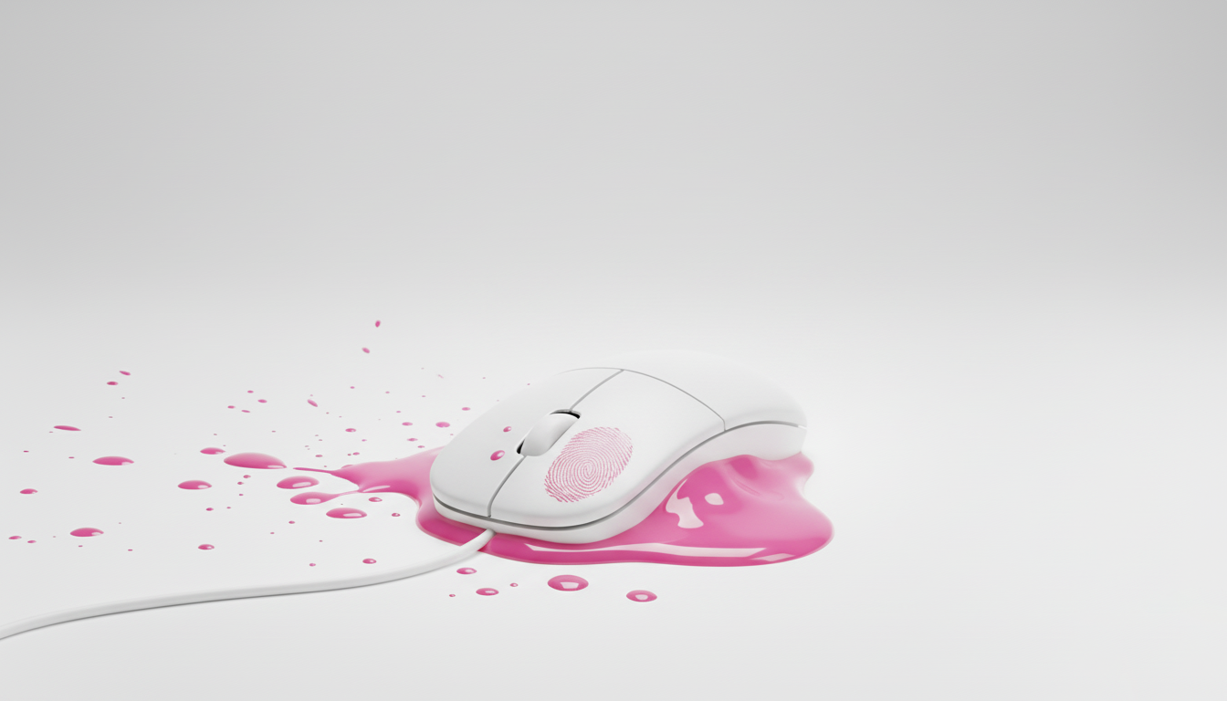 Mouse bianco con una macchia rosa sotto, con una grossa impronta digitale rosa sul tasto sinistro.