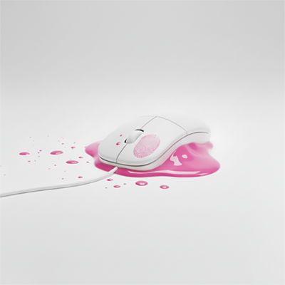 Mouse bianco con una macchia rosa sotto, con una grossa impronta digitale rosa sul tasto sinistro.